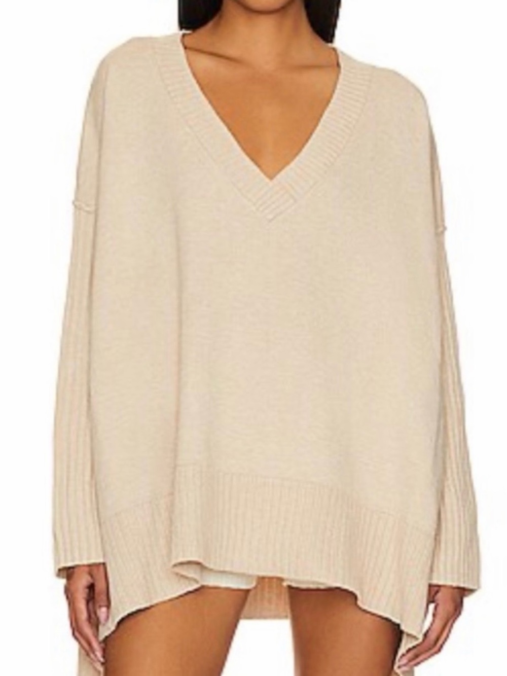 Women's Cream V-Neck Oversized Sweater Tunic
